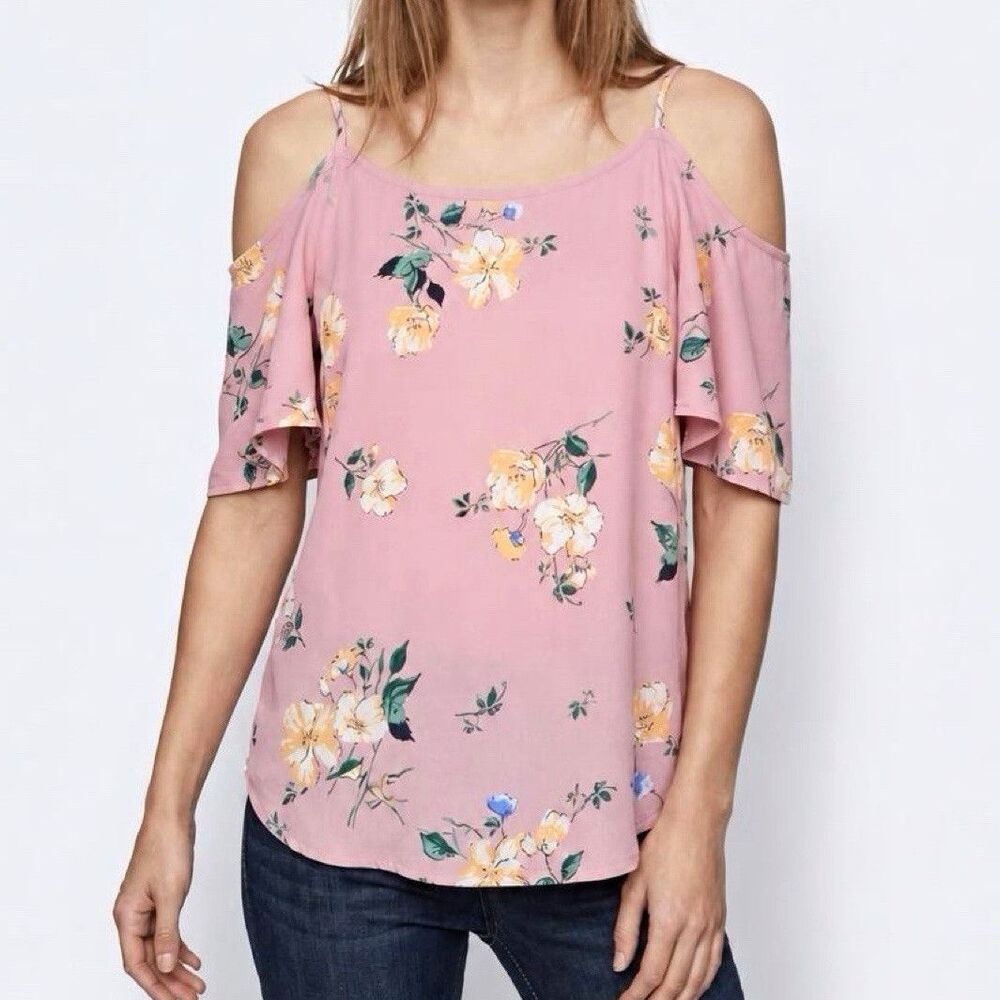 Kaiteigh Pink Floral Cold Shoulder Spaghetti Strap V-Neck Blouse Top M